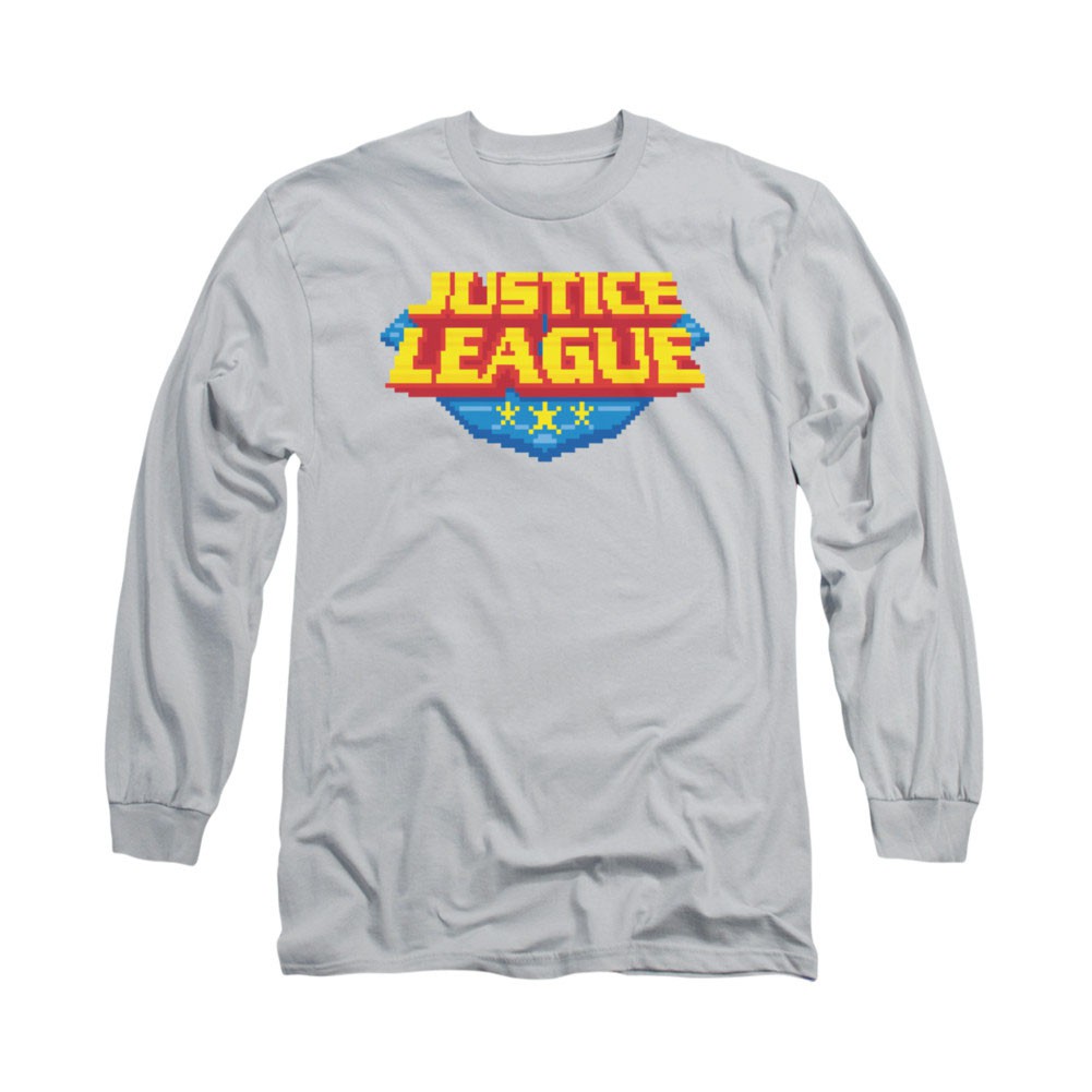 Justice League 8-Bit Logo Gray Long Sleeve T-Shirt