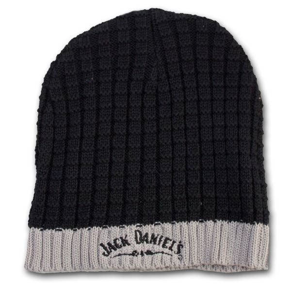 Jack Daniels Ribbed Black Gray Winter Knit Beanie Hat