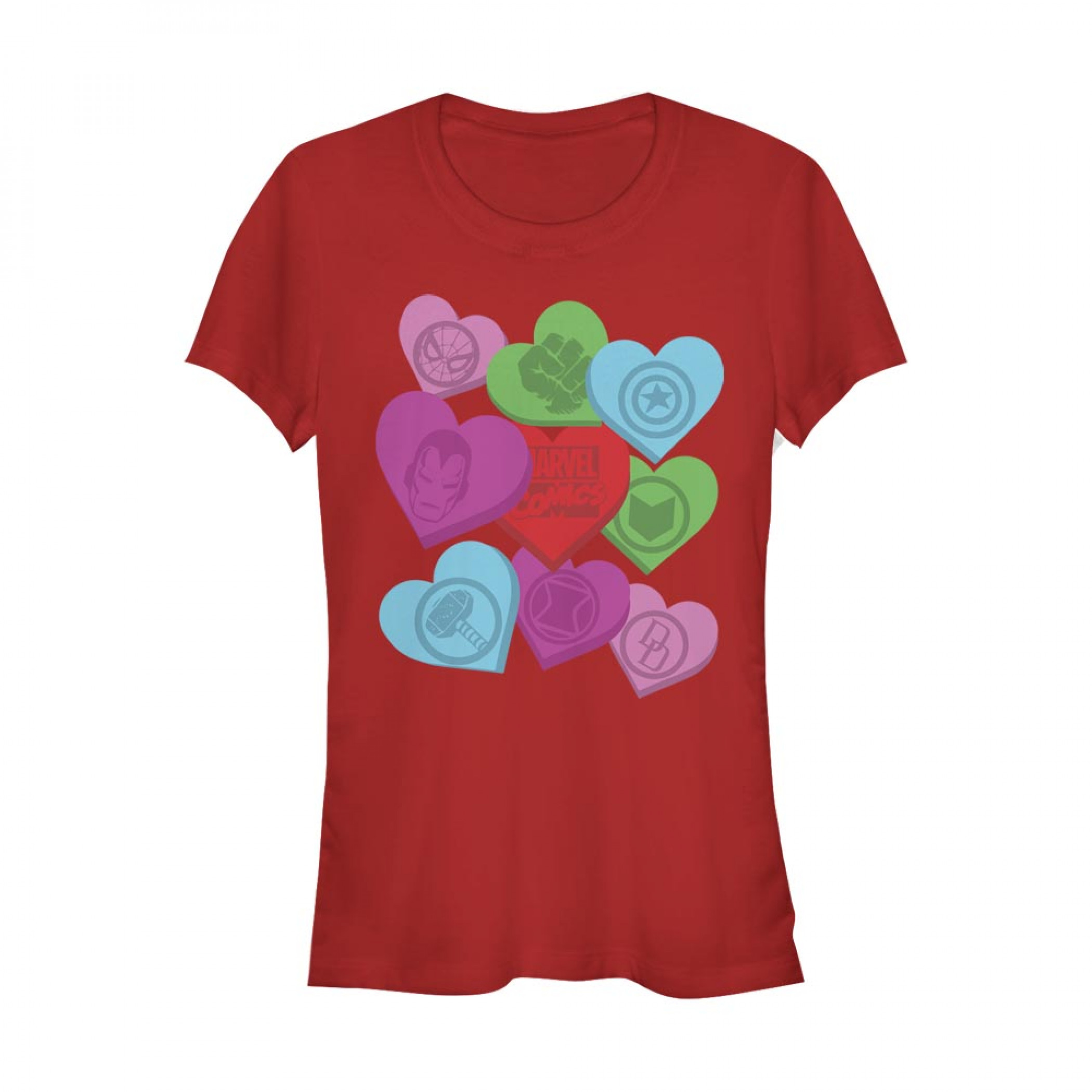 Marvel Heroes Valentine Candy Hearts Women's Red T-Shirt