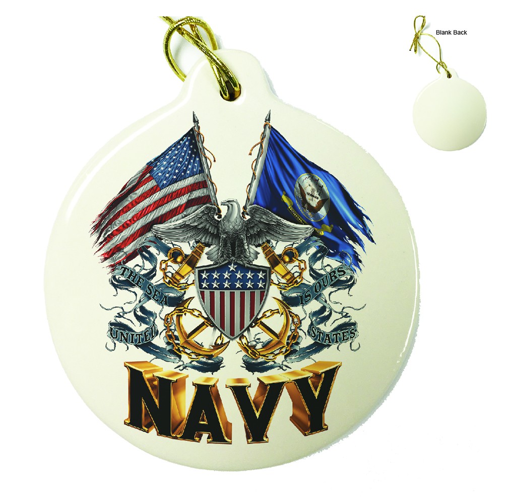 Double Flag US Navy Shield Porcelain Ornament
