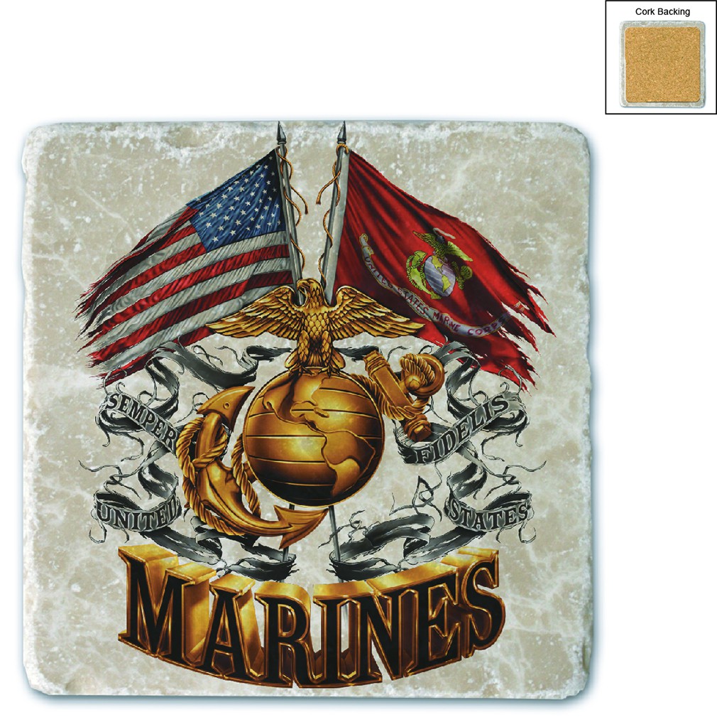 US Marines Double Flag Stone Coaster