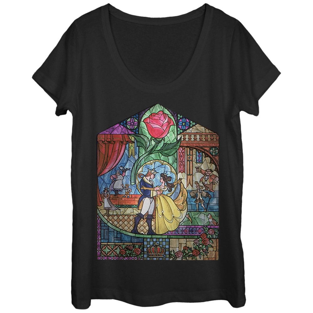 Beauty And The Beast Stained Glass Scoop Neck Ladies Black Tee Shirt