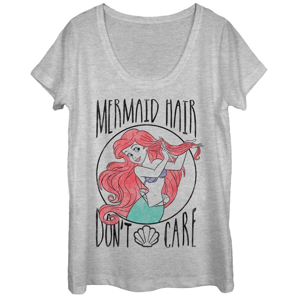 Little Mermaid Hair Don't Care Ladies Grey Scoop Neck Tee Shirt