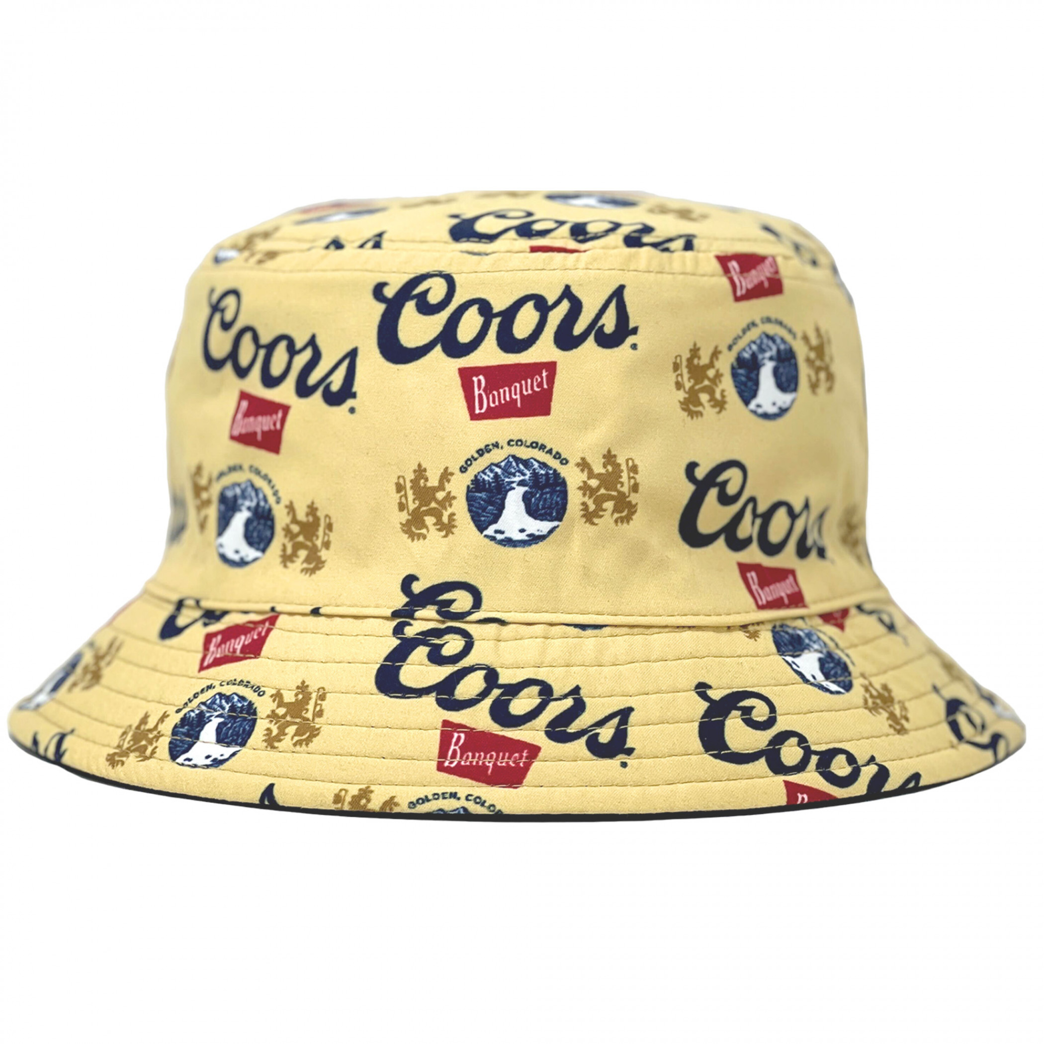 Coors Banquet Beer Brand and All Over Logos Reversible Text Bucket Hat