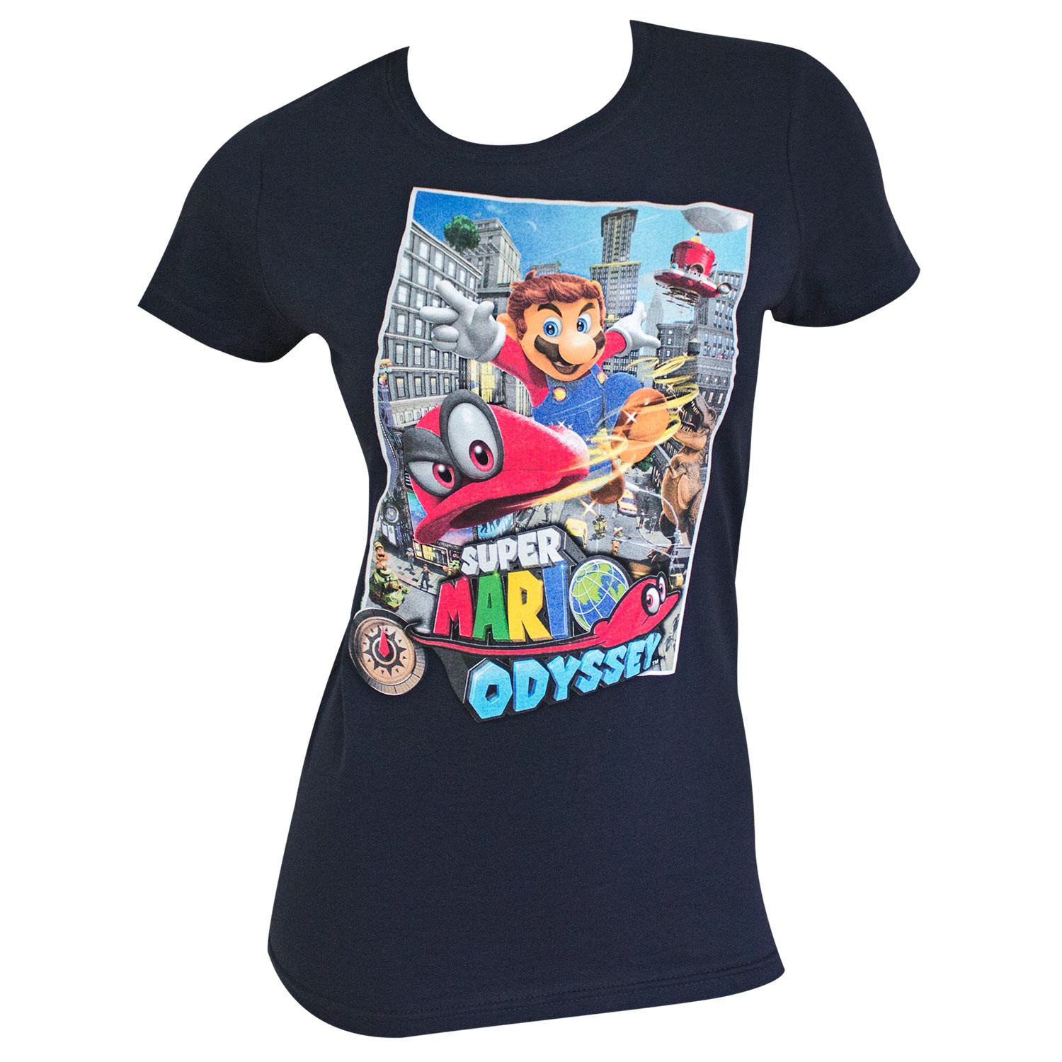 Super Mario Odyssey Flying Ladies Navy Blue Tee Shirt