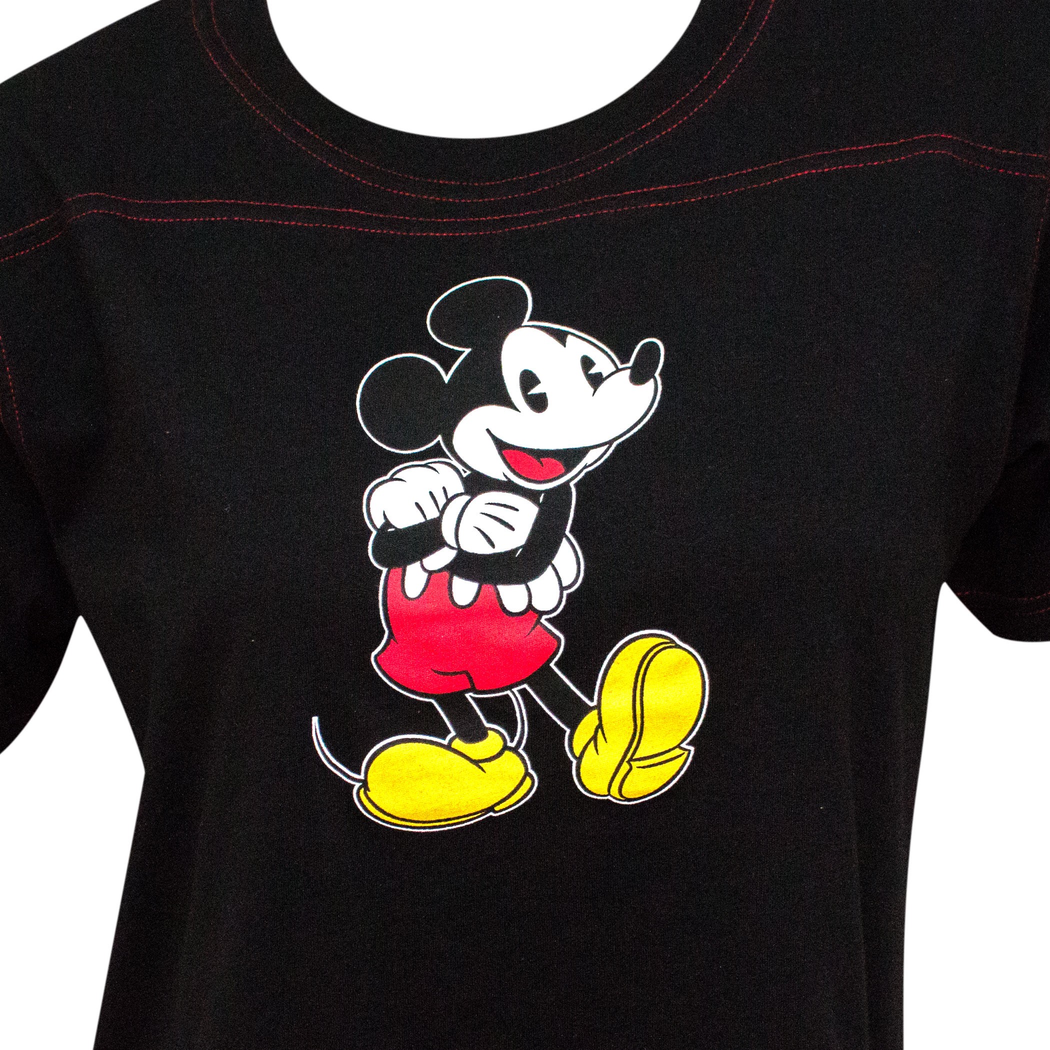 Mickey Mouse Contrast Stitch Cropped Black Women's Tee Shirt