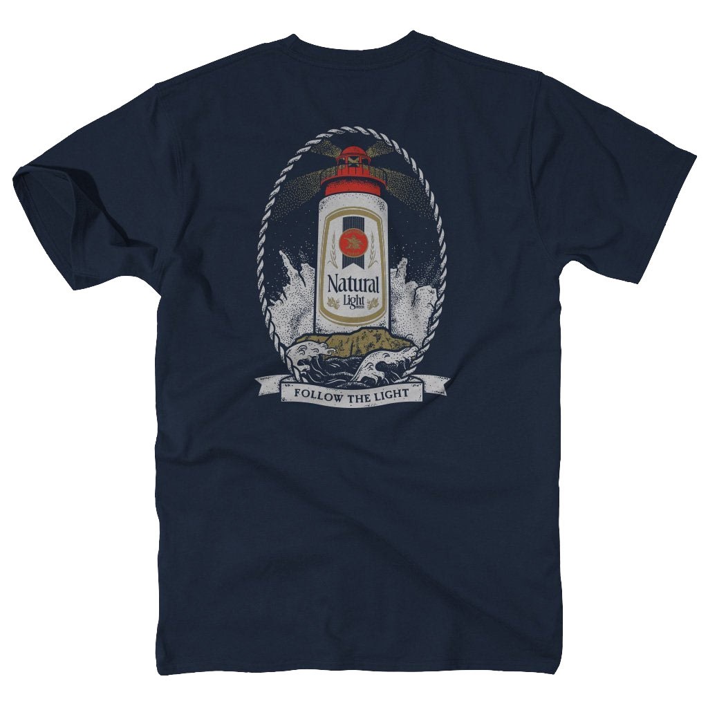 Natural Light Beer Lighthouse Men's Navy Blue Pocket T-Shirt