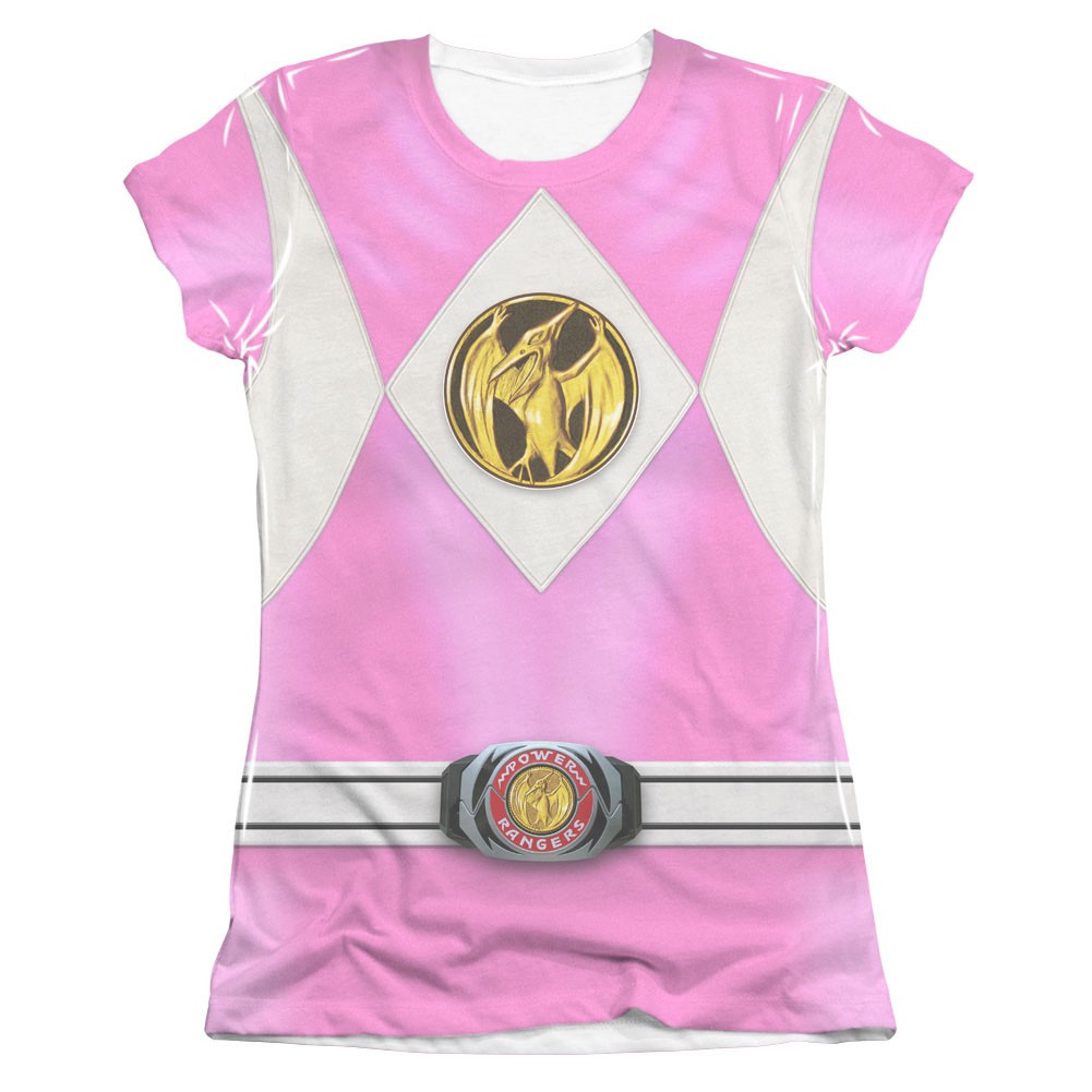 Power Rangers Emblem Costume Pink Sublimation Juniors Tee Shirt