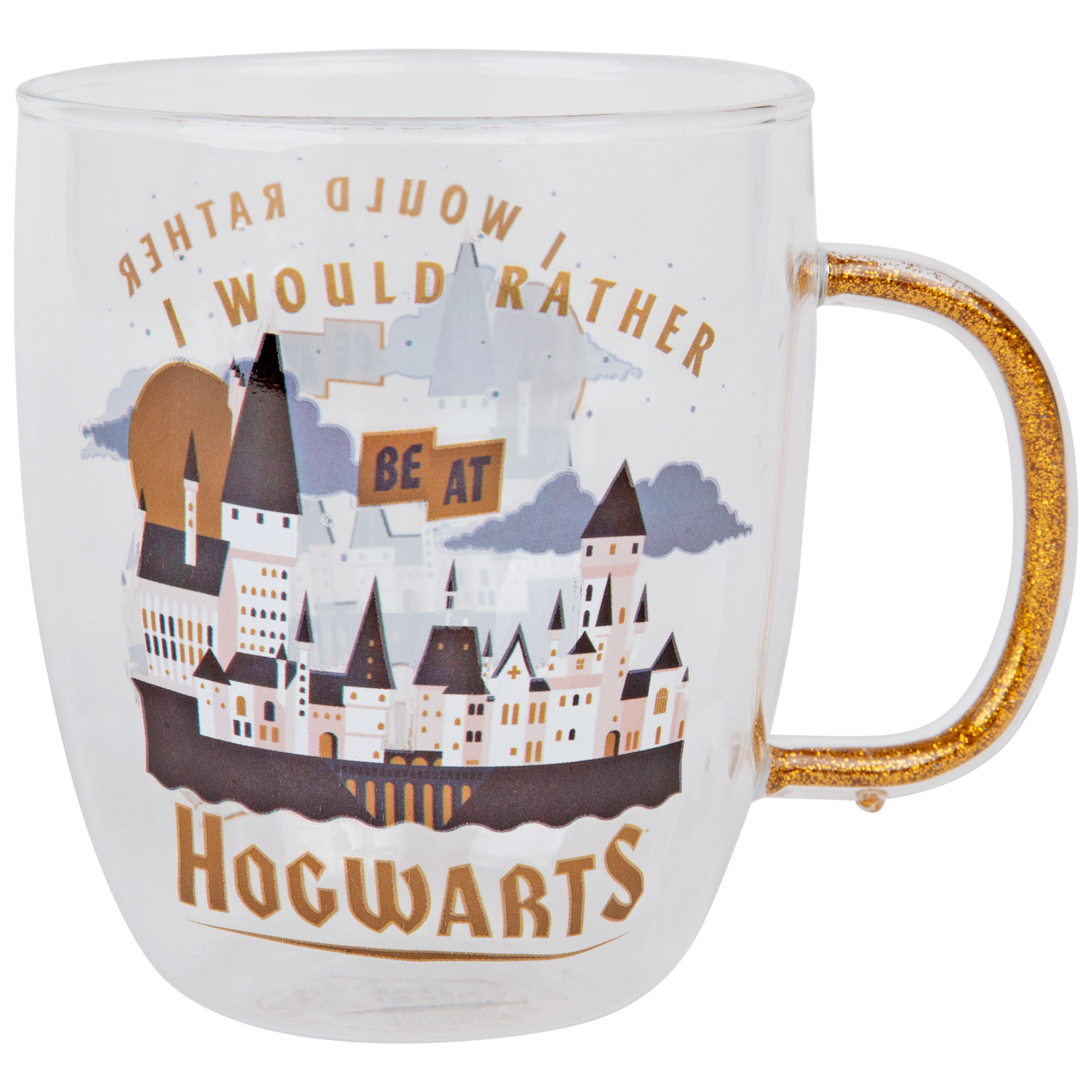 Harry Potter I Would Rather Be At Hogwarts 14oz Glitter Handle Glass Mug