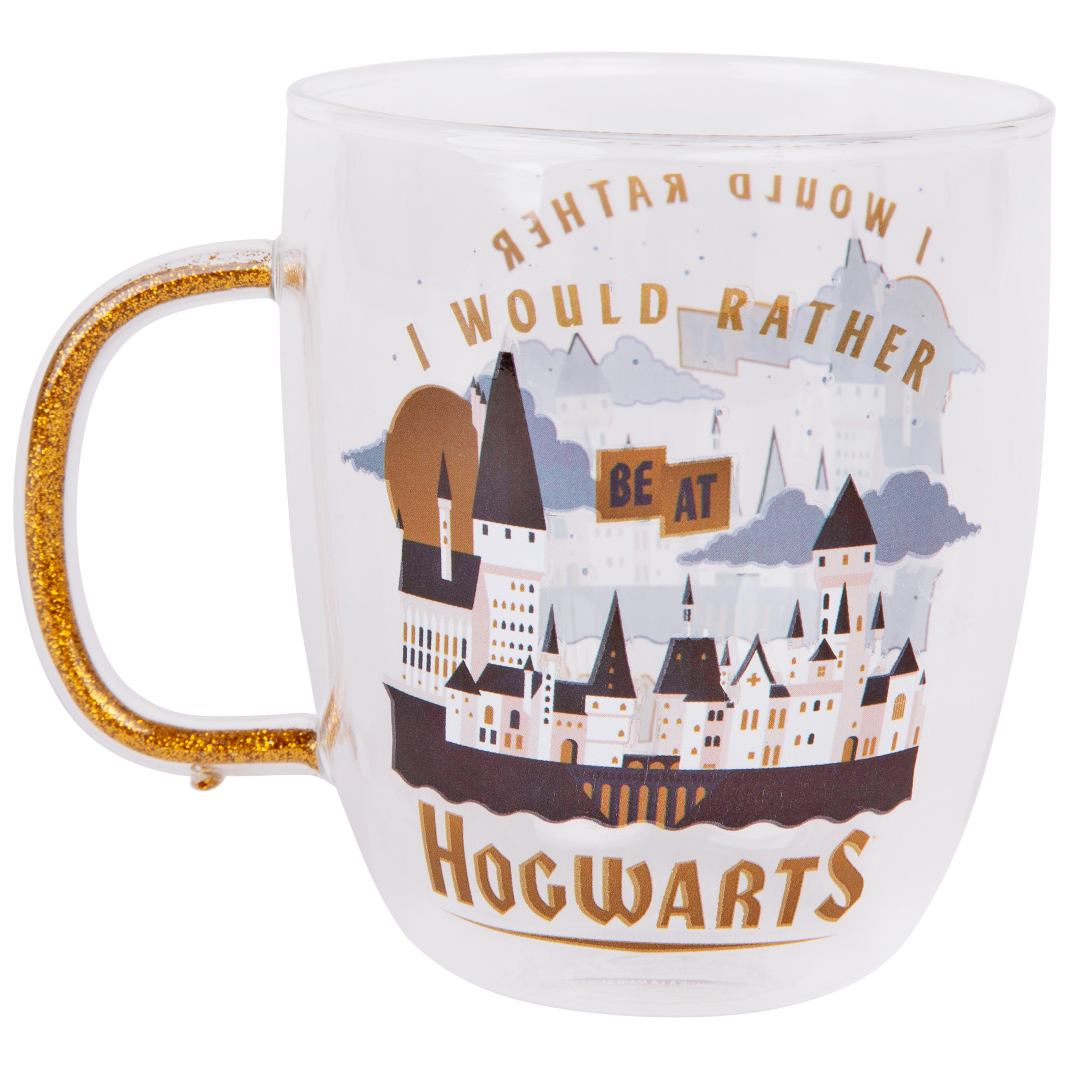 Harry Potter I Would Rather Be At Hogwarts 14oz Glitter Handle Glass Mug