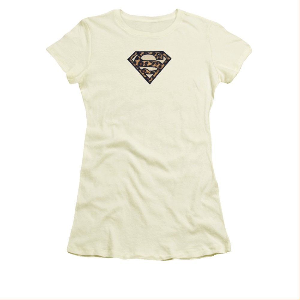 Superman Embroidered Leopard Logo Off White Juniors T-Shirt