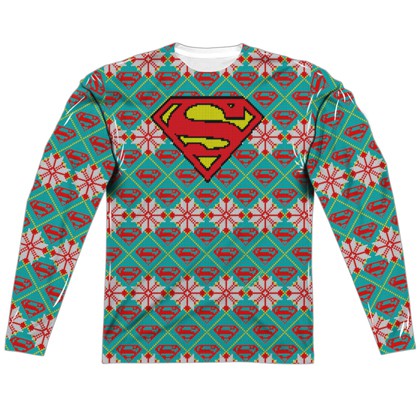Superman Ugly Christmas Sweater Print Long Sleeve Tee
