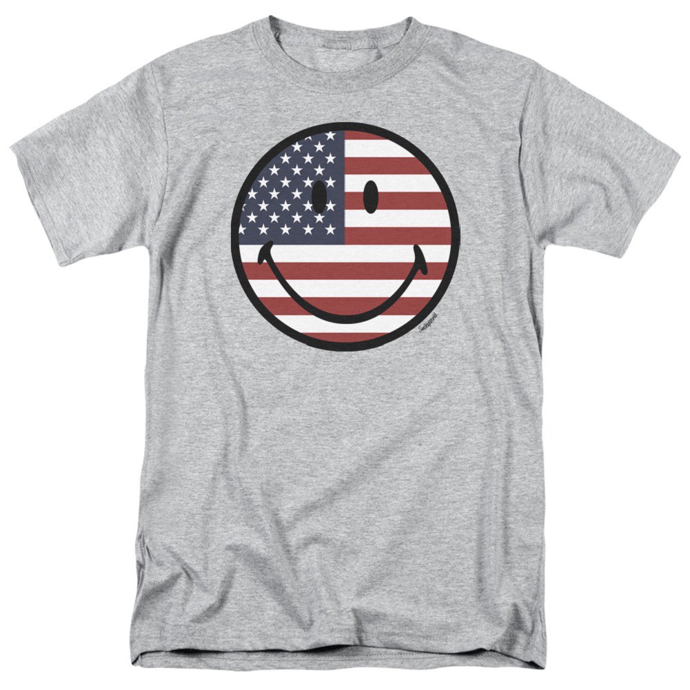 Patriotic American Flag Smiley Face Men's Grey T-Shirt
