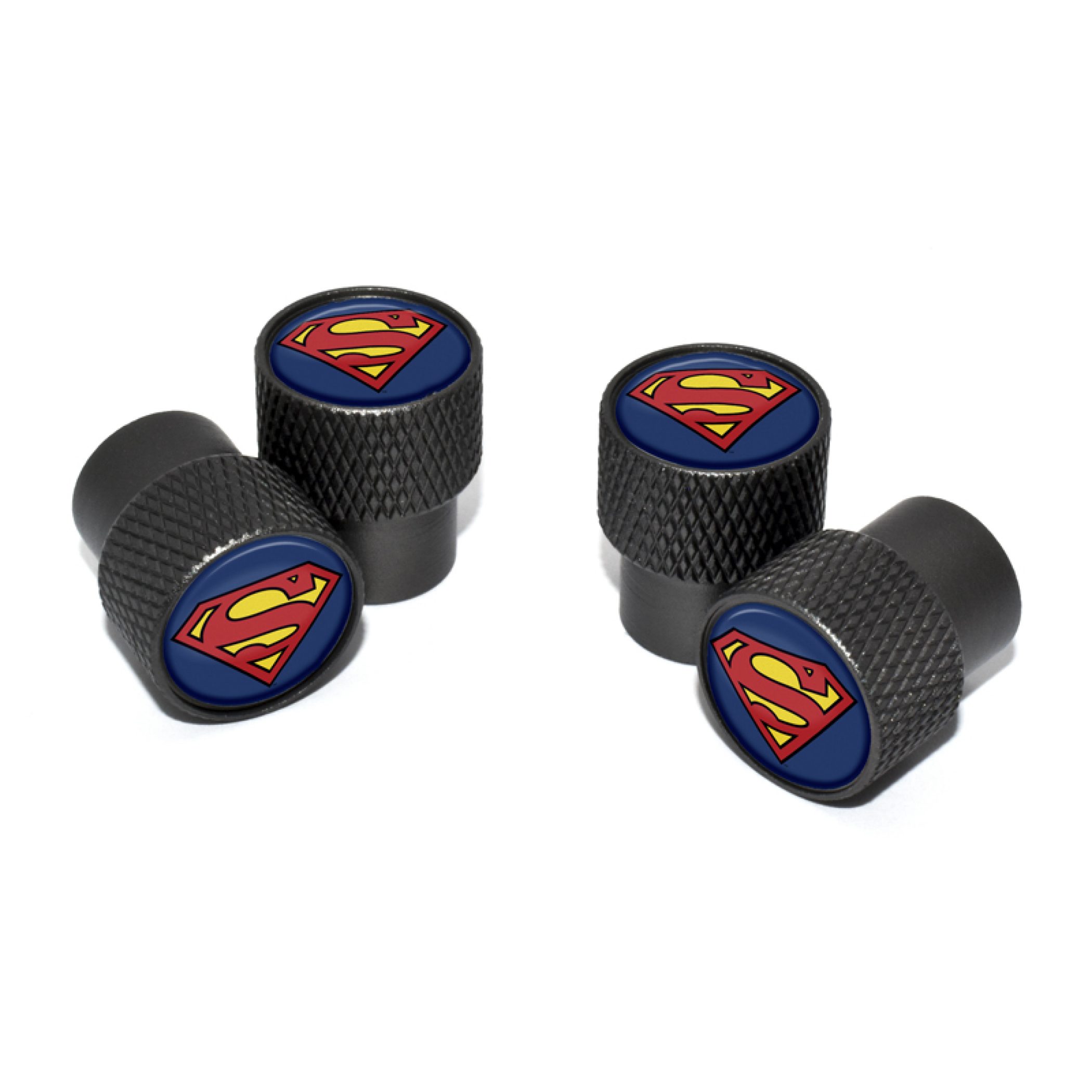Superman Symbol Valve Stem Caps with Black Knurling 4-Pack