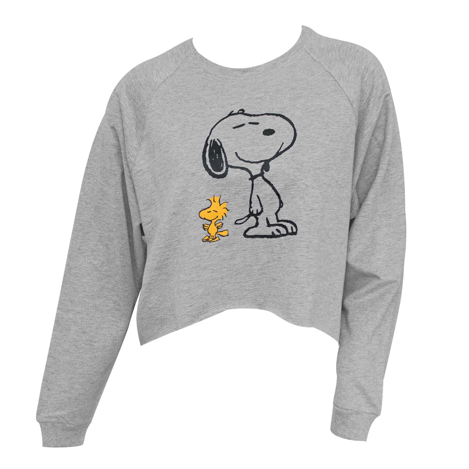 Peanuts Snoopy And Woodstock Women's High-Low Cropped Grey Sweatshirt