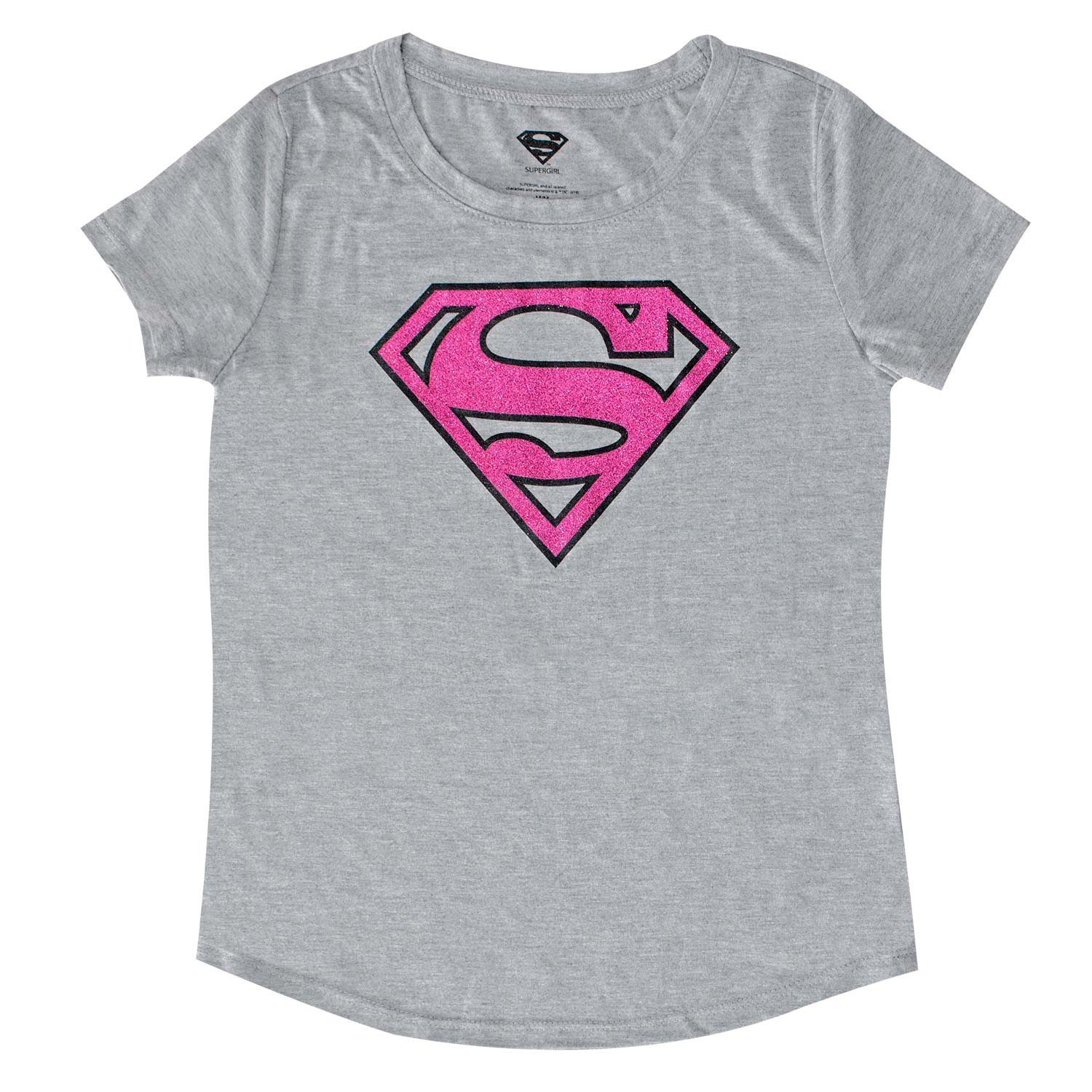 Superman Pink Glitter Logo Girls 7-16 Grey T-Shirt