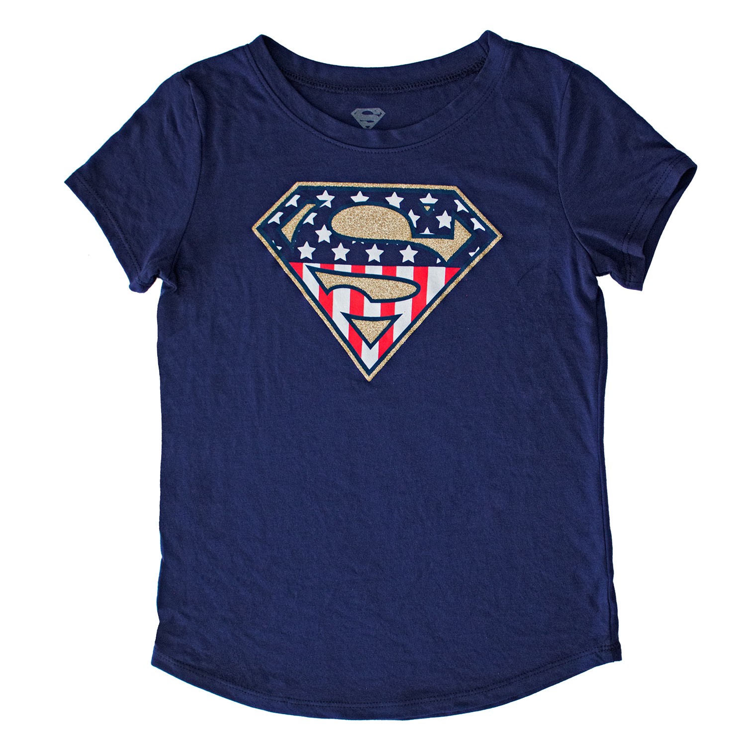 Superman American Flag Glitter Logo Youth Girls Navy Blue Tee Shirt