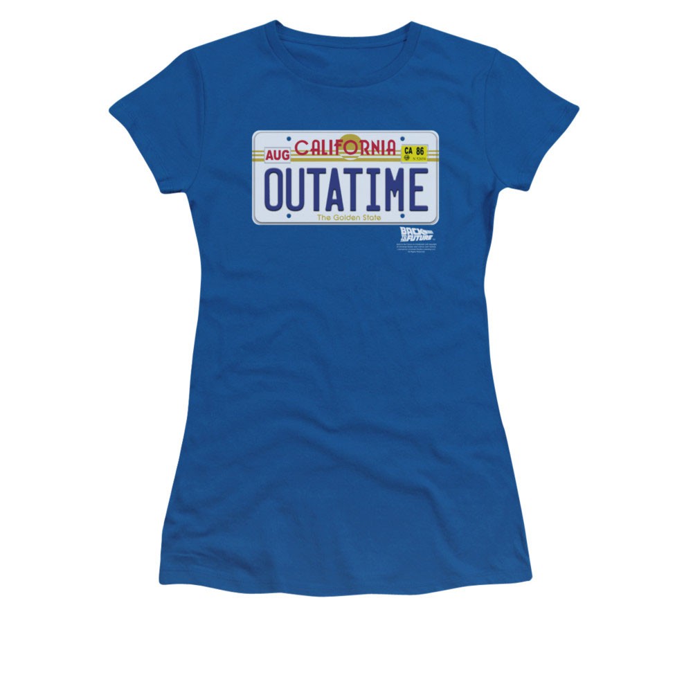 Back To The Future OUTATIME Juniors Blue License Plate Tee Shirt