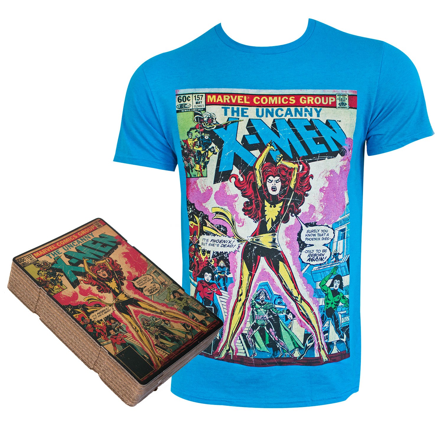 X-Men Phoenix Comic Cover Boxed Blue Tee Shirt