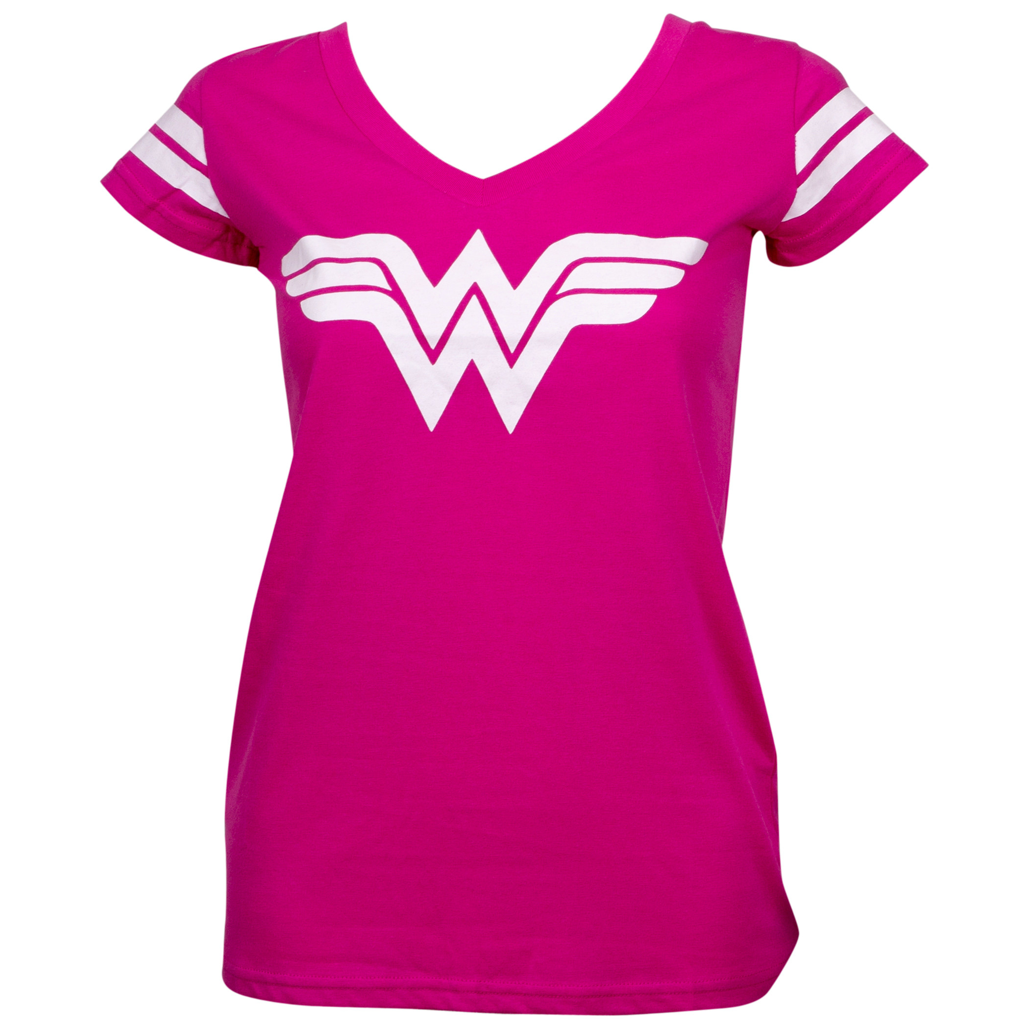 Wonder Woman Logo Hot Pink V-Neck T-Shirt with Sleeve Stripes