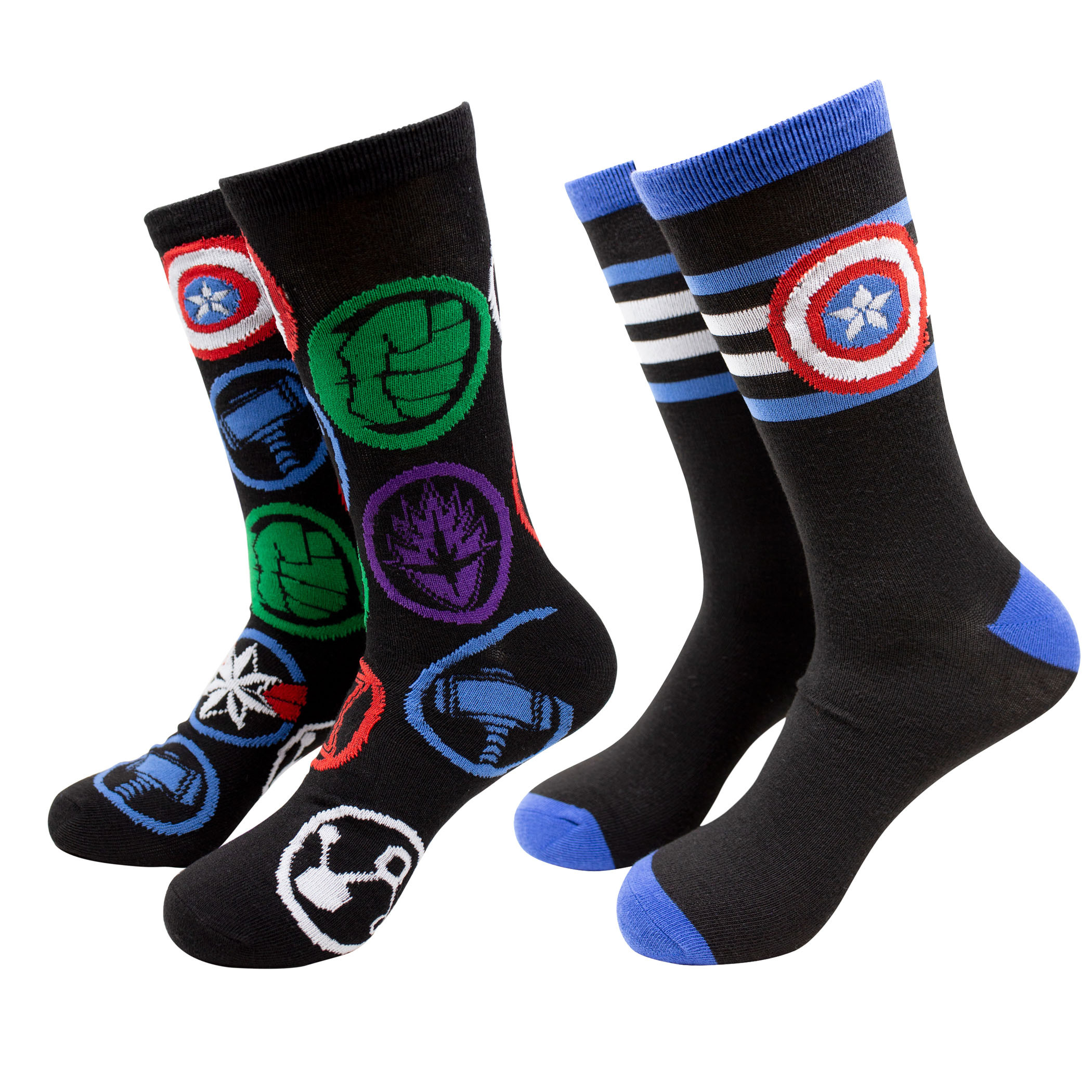 Captain America Striped Symbol and Avengers Logos 2-Pack Crew Socks
