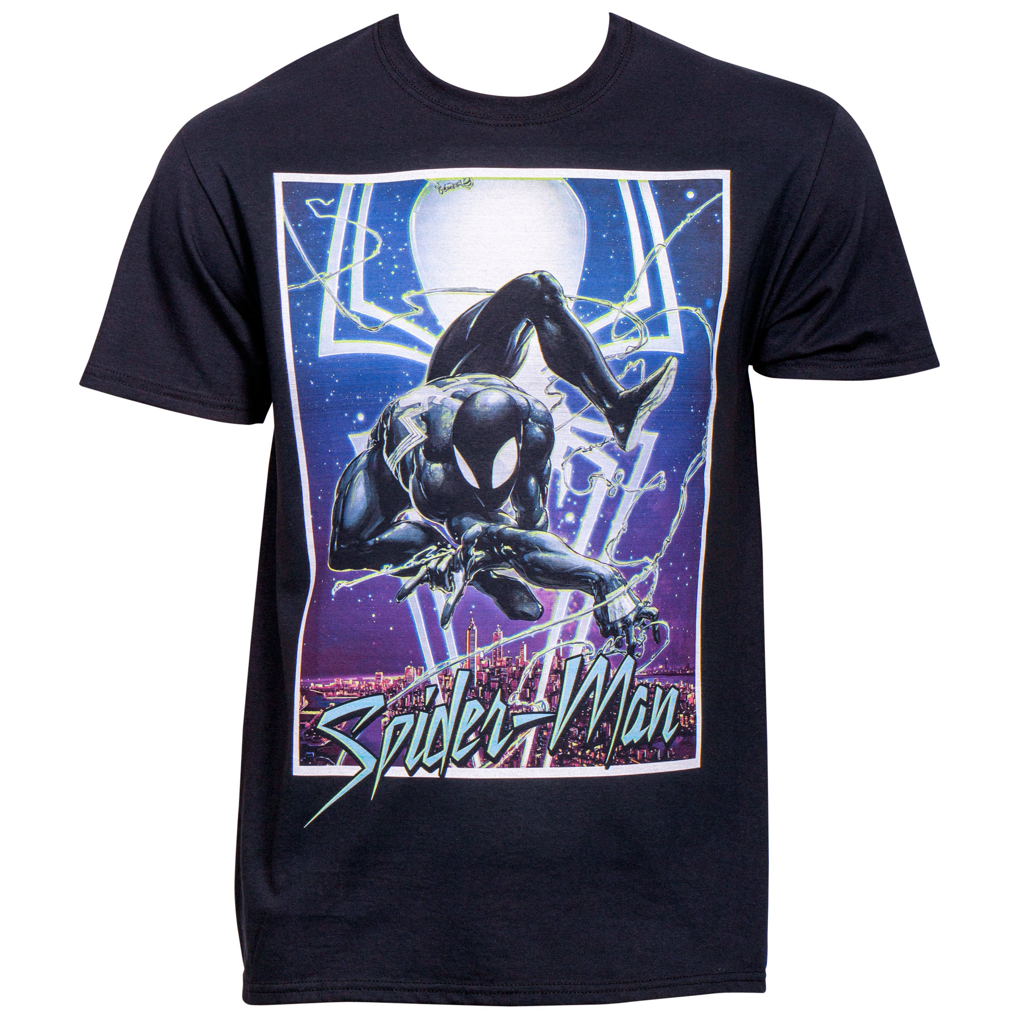 Marvel Spider-Man Symbiote Suit Swinging over the City T-Shirt