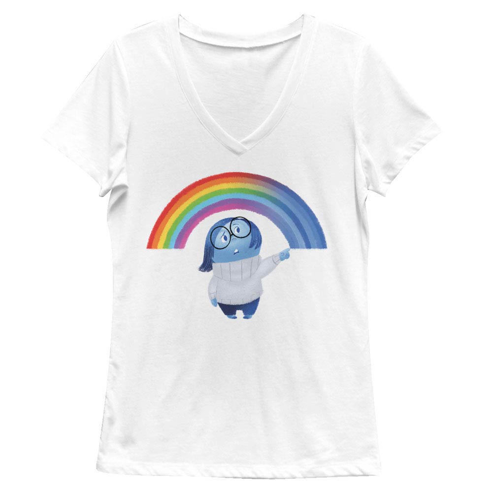 Disney Pixar Inside Out Sadness Rainbow White Juniors V Neck T-Shirt