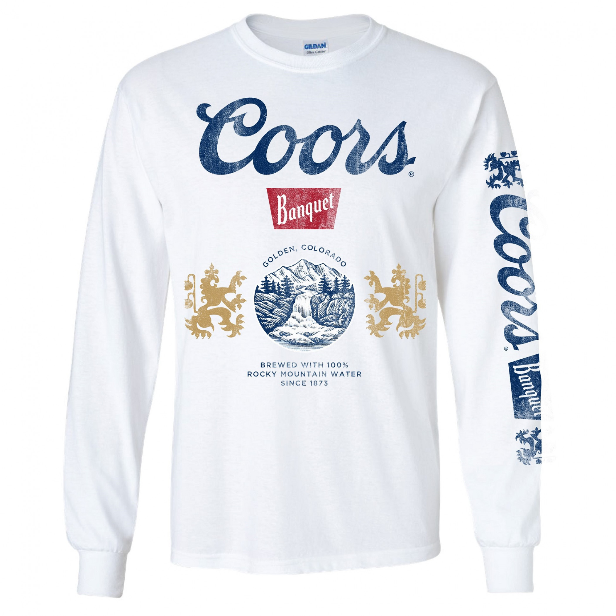 Coors Banquet Beer Sleeve Print Waterfall Crest Long Sleeve Shirt