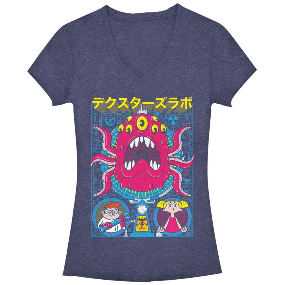 Dexter's Lab Tentacles Poster Chogrin Blue Juniors V Neck T-Shirt