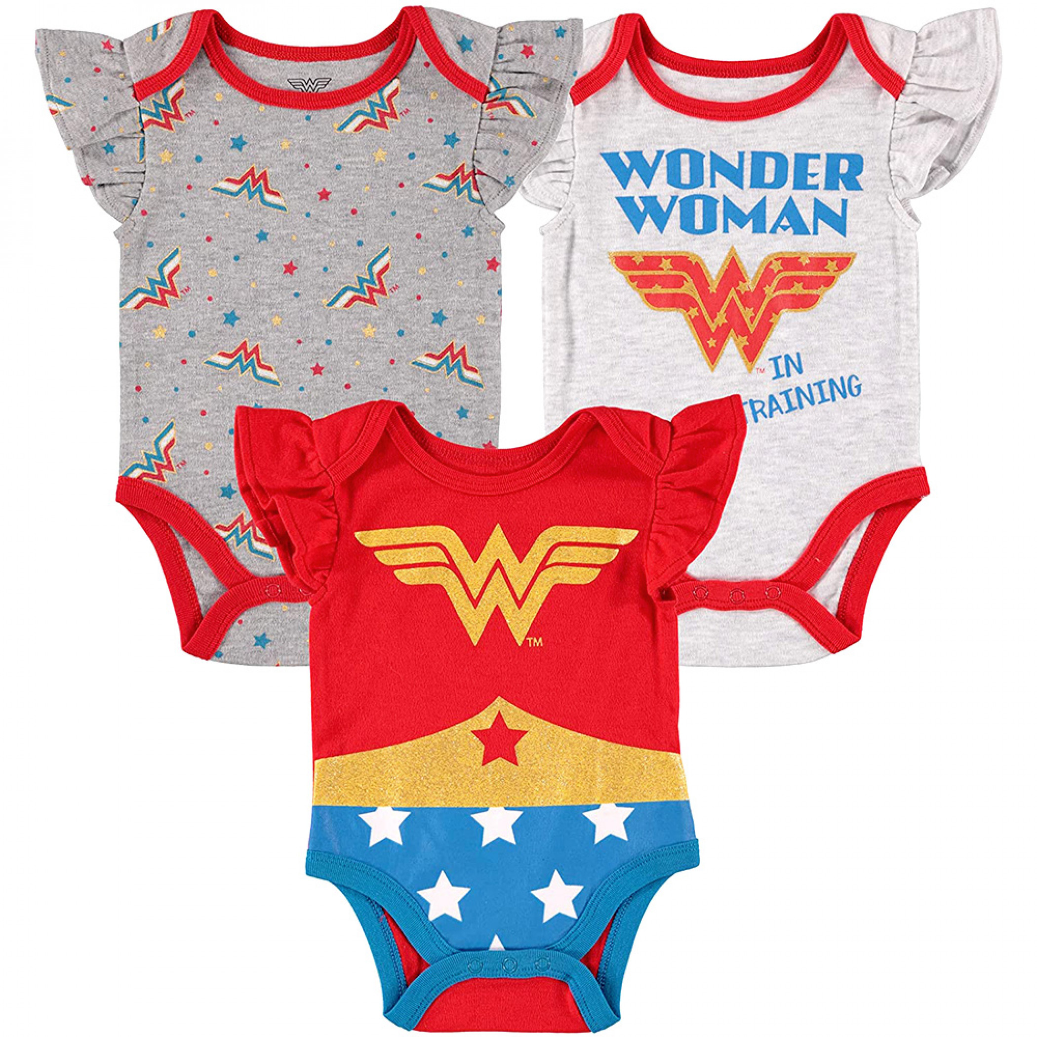 Wonder Woman Logo and Costume Styled Infant Bodysuits 3-Pack