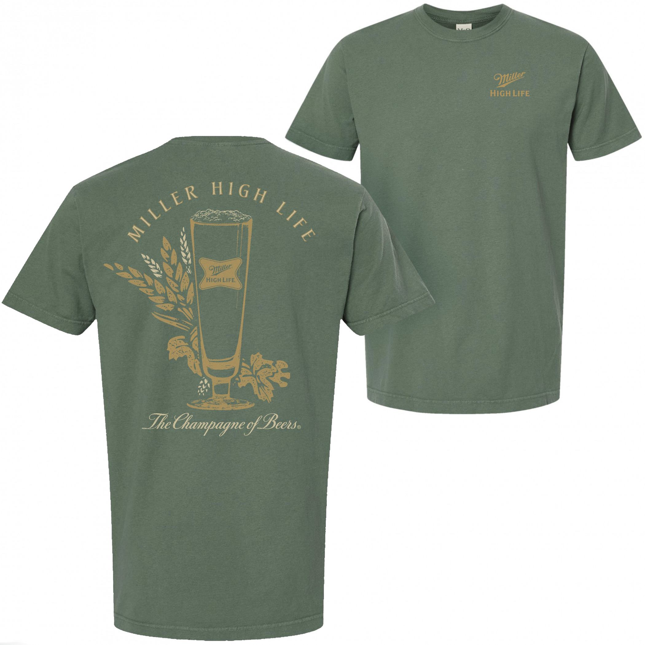 Miller High Life The Champagne of Beers Garment Dyed Green Front and Back T-Shirt