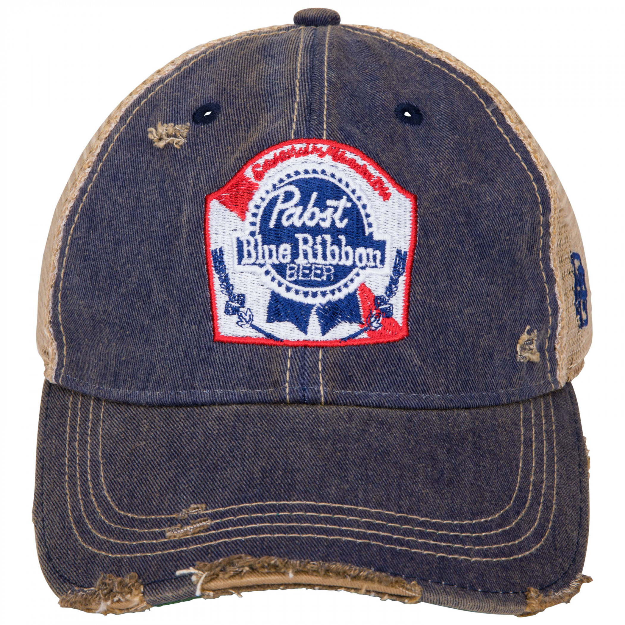 Pabst Blue Ribbon Logo Distressed Denim Trucker Hat