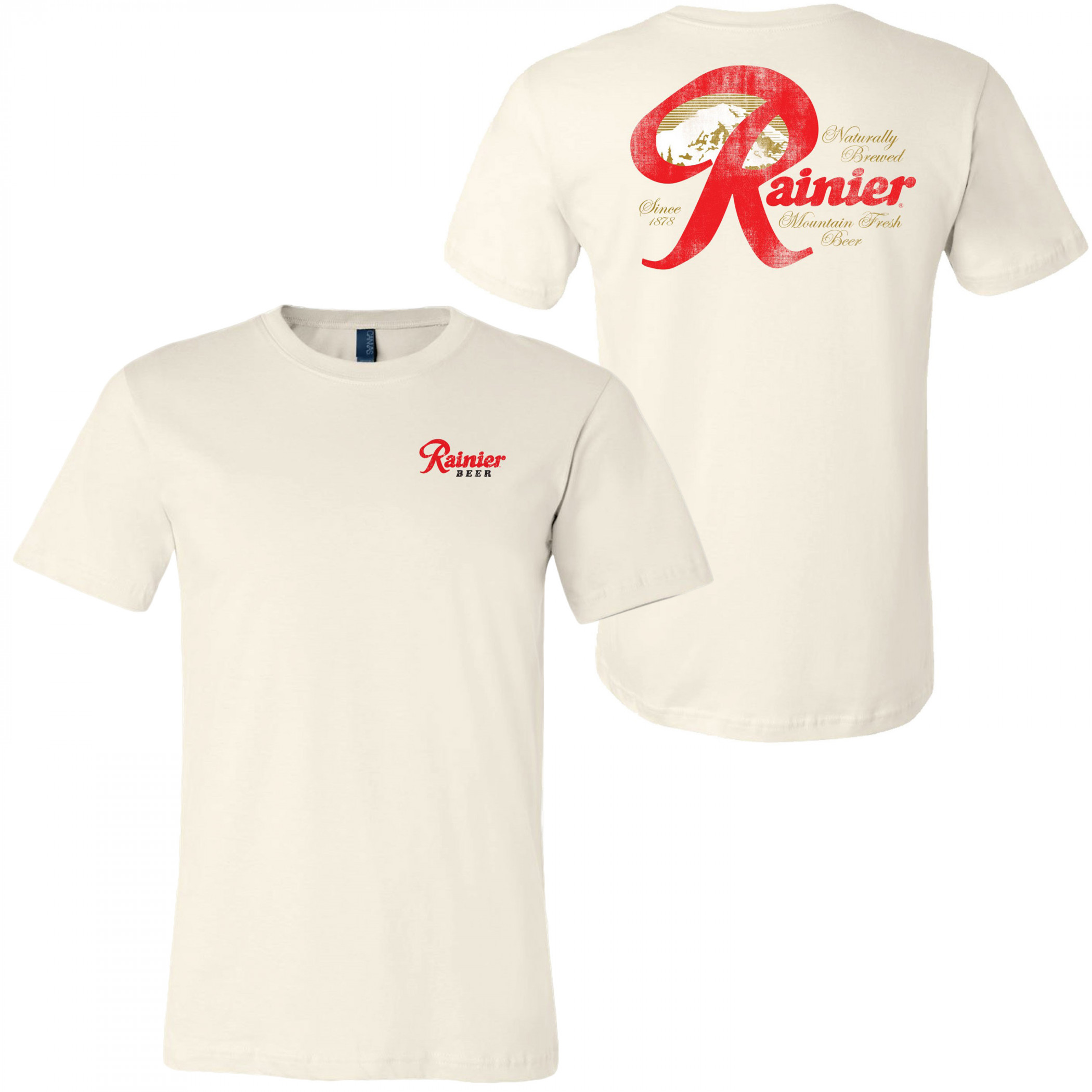 Rainier Mountain Fresh Beer Distressed Front and Back T-Shirt