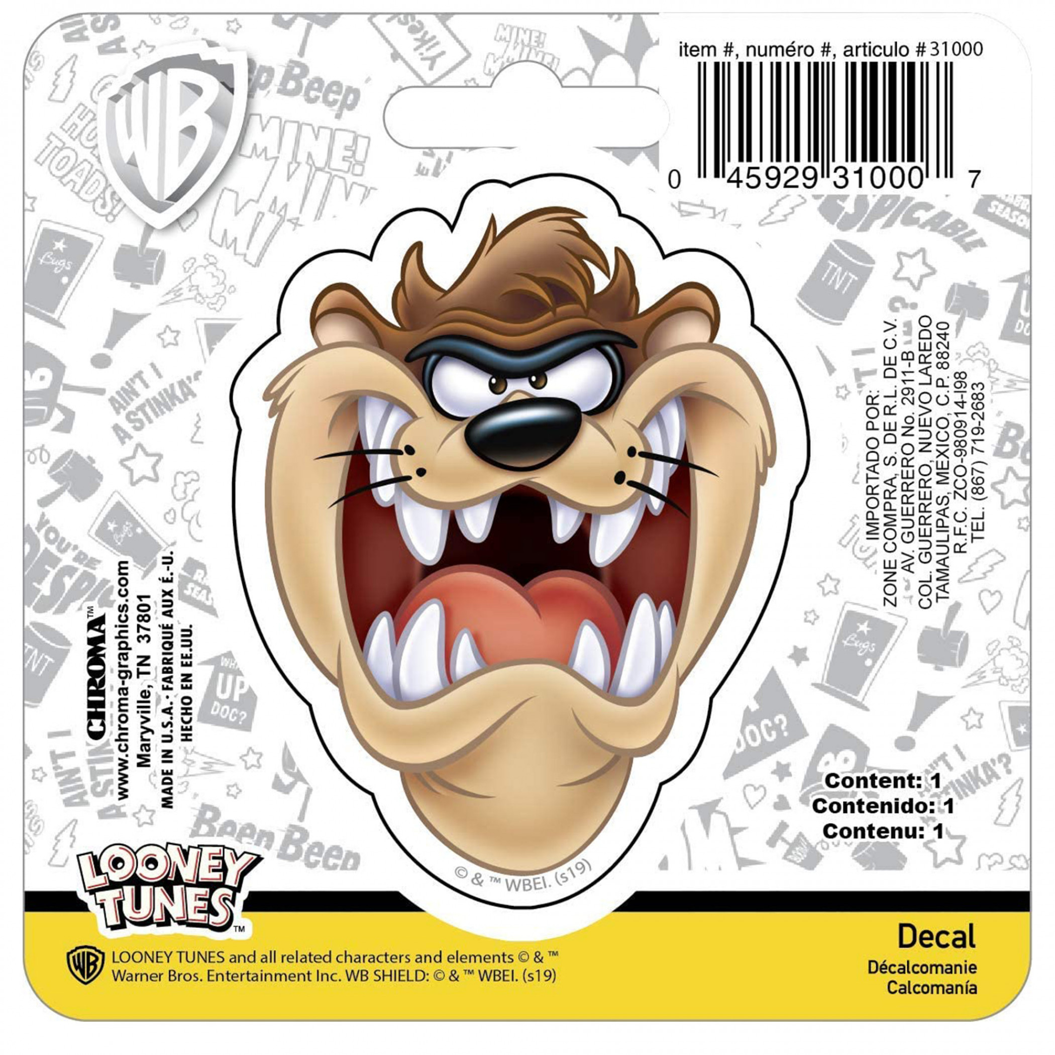 Looney Tunes Taz Growling Vinyl Car Emblem