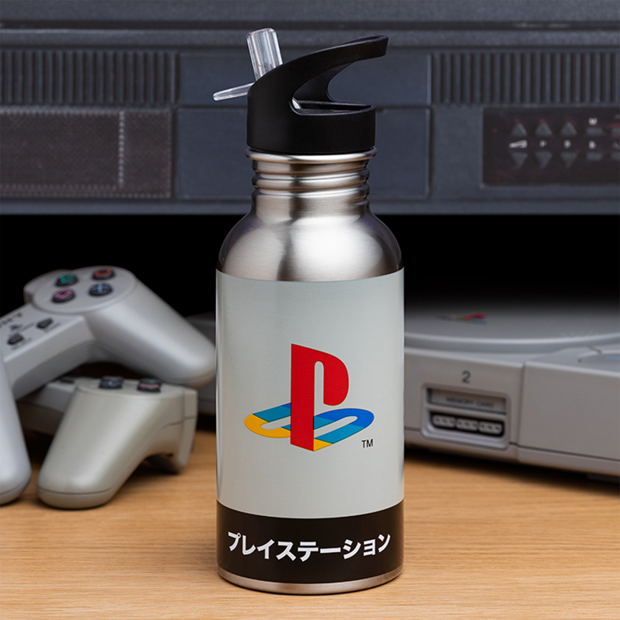 PlayStation Logo Katakana 500ml Stainless Steel Water Bottle w/ Straw