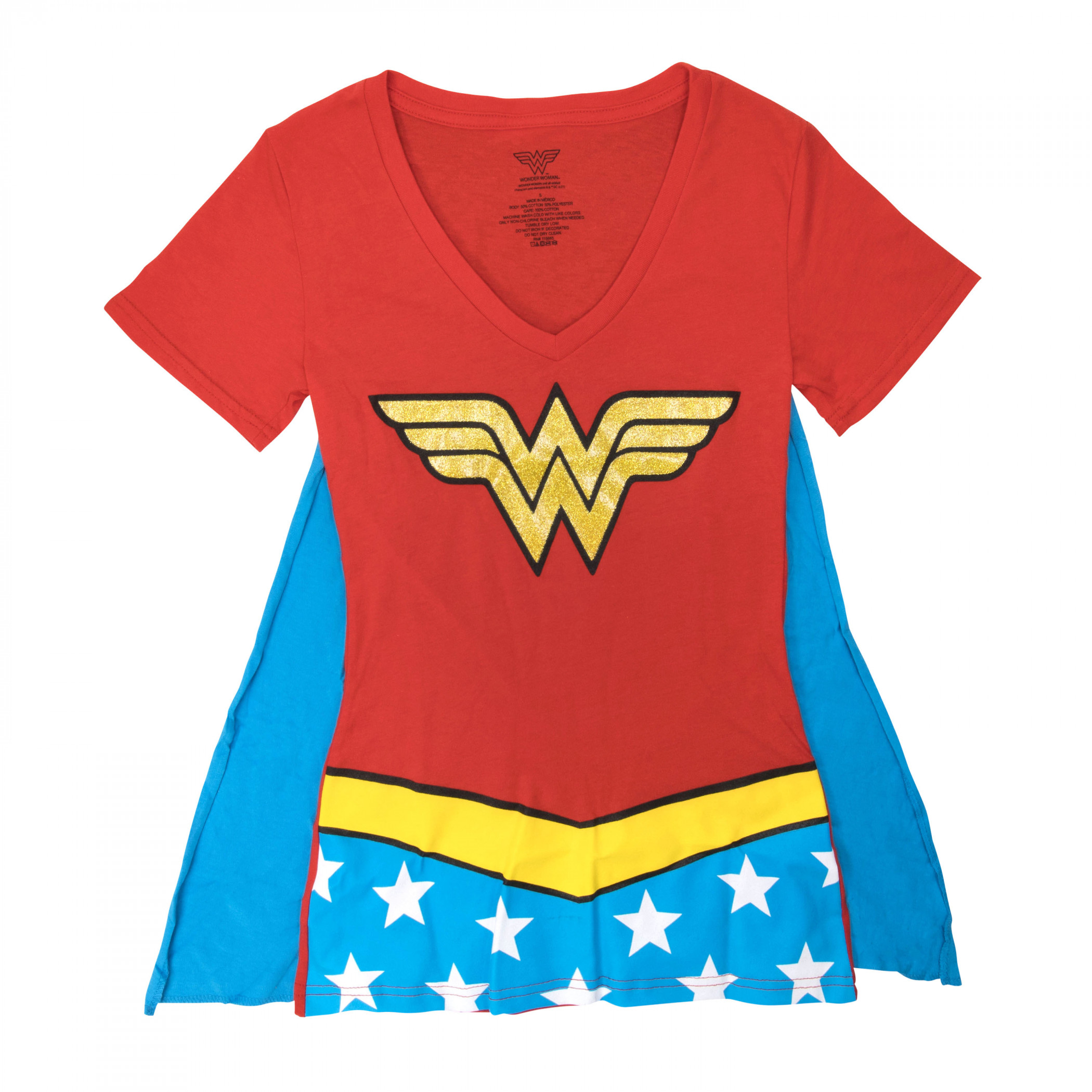 Wonder Woman Women's V-Neck Caped Costume T-Shirt