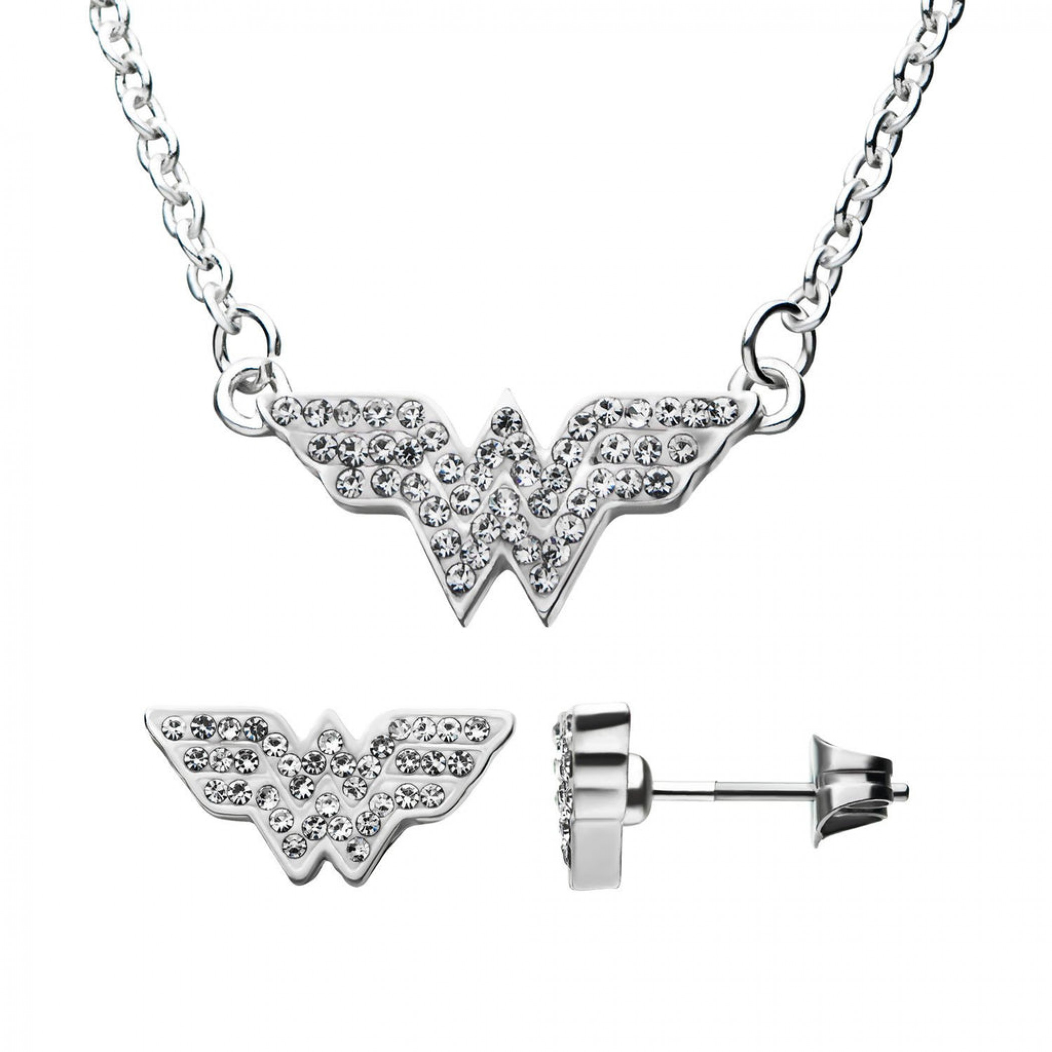 DC Comics Wonder Woman Symbol Studded Steel Necklace and Earring Set