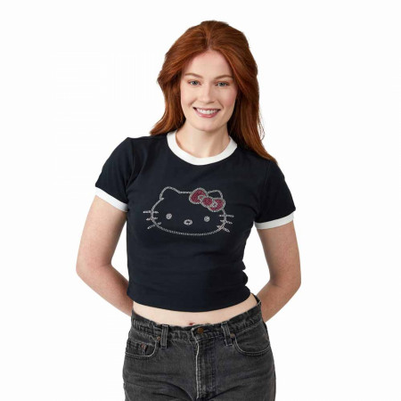 Hello Kitty Rhinestones Junior's Contrast Ringer T-Shirt