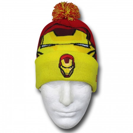 Iron Man Helmet Head Yellow Cuff Pom Pom Beanie