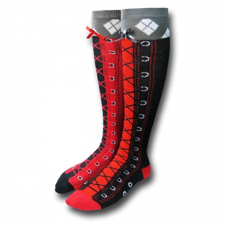 Harley Quinn Faux Lace Up Knee High Socks