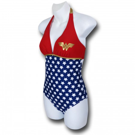 Wonder Woman Halter Plunge One-Piece Swimsuit