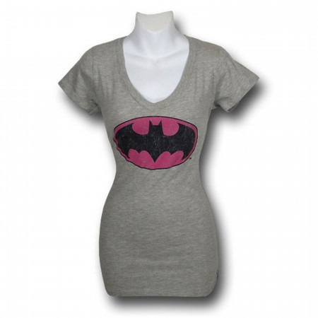 Batman Pink Symbol Juniors V-Neck Trunk T-Shirt
