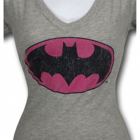 Batman Pink Symbol Juniors V-Neck Trunk T-Shirt