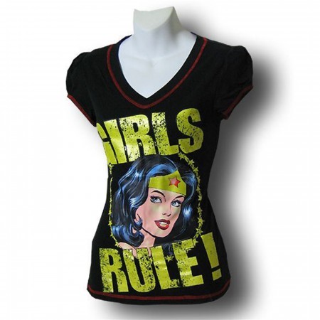 Wonder Woman Jr Womens Girls Rule V-Neck T-Shirt