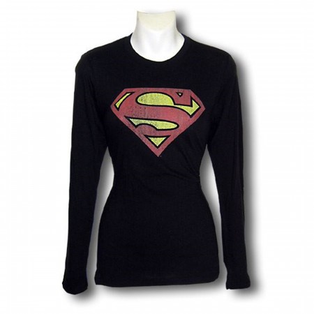 Superman Womens Black Dist Symbol Long Sleeve T-Shirt