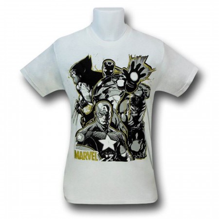 Marvel Four Heroes Sketched on White T-Shirt