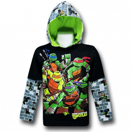 TMNT Bricks Hooded Kids Double-Sleeve T-Shirt