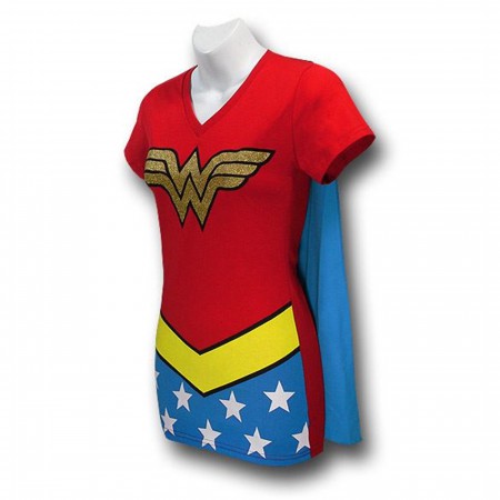 Wonder Woman Women's V-Neck Caped Costume T-Shirt