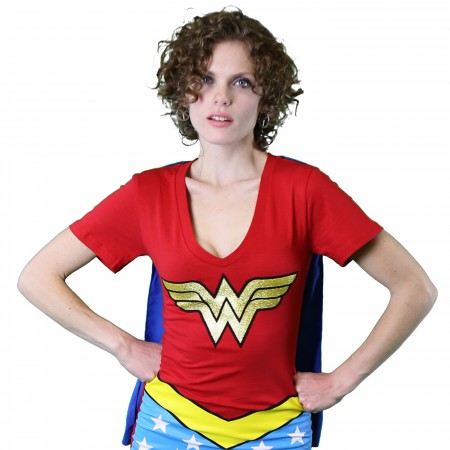 Wonder Woman Women's V-Neck Caped Costume T-Shirt