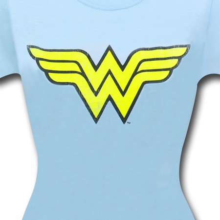 Wonder Woman Women's Light Blue Distressed Sym T-Shirt